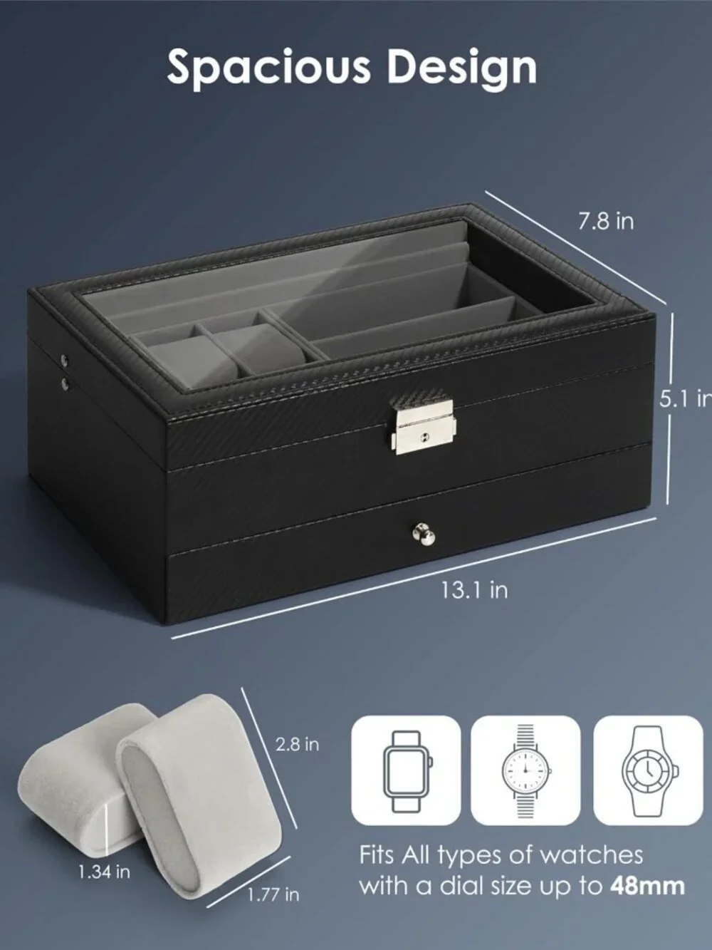 Men's Jewelry Box Organizer - 6 Watch Slots & 3 Sunglasses Compartments - Grey